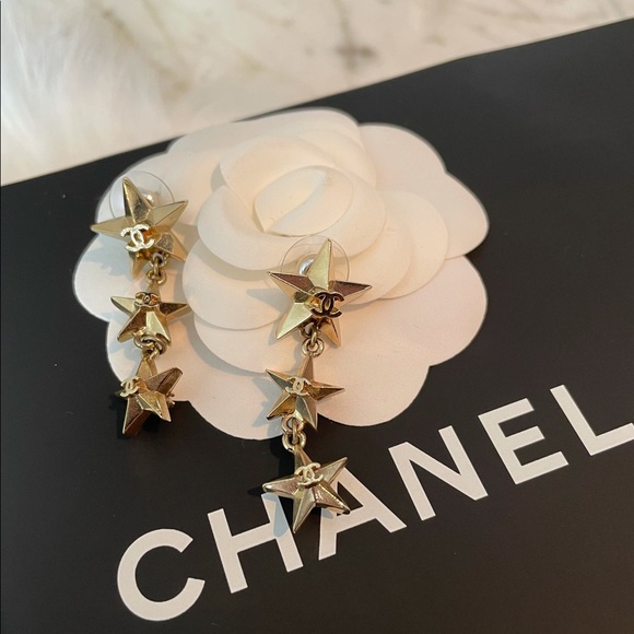 CHANEL, Jewelry, Chanel Coco Cuba Triple Star Gold Dangle Earrings